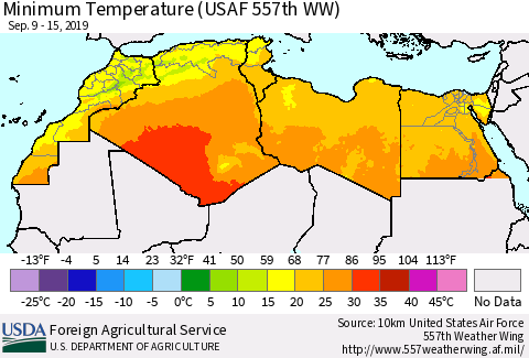 North Africa Mean Minimum Temperature (USAF 557th WW) Thematic Map For 9/9/2019 - 9/15/2019