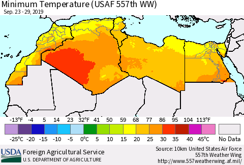 North Africa Mean Minimum Temperature (USAF 557th WW) Thematic Map For 9/23/2019 - 9/29/2019