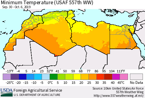 North Africa Mean Minimum Temperature (USAF 557th WW) Thematic Map For 9/30/2019 - 10/6/2019