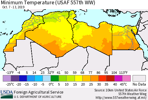 North Africa Mean Minimum Temperature (USAF 557th WW) Thematic Map For 10/7/2019 - 10/13/2019