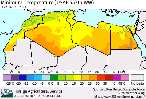 North Africa Mean Minimum Temperature (USAF 557th WW) Thematic Map For 10/14/2019 - 10/20/2019