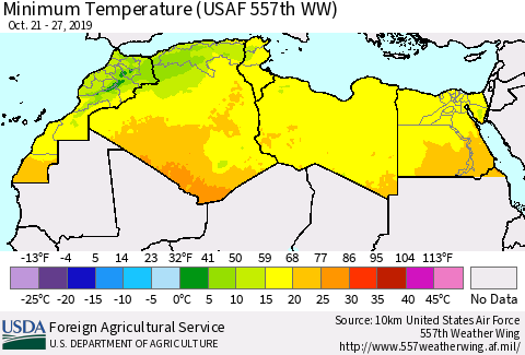 North Africa Mean Minimum Temperature (USAF 557th WW) Thematic Map For 10/21/2019 - 10/27/2019