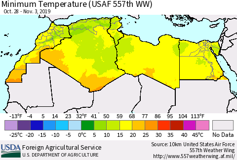North Africa Mean Minimum Temperature (USAF 557th WW) Thematic Map For 10/28/2019 - 11/3/2019