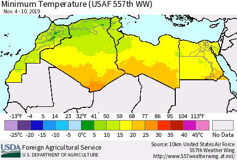 North Africa Mean Minimum Temperature (USAF 557th WW) Thematic Map For 11/4/2019 - 11/10/2019