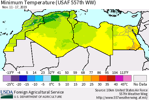 North Africa Mean Minimum Temperature (USAF 557th WW) Thematic Map For 11/11/2019 - 11/17/2019