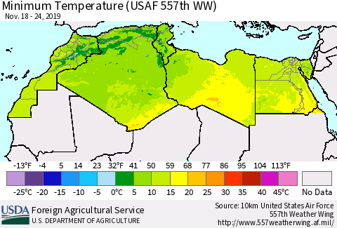 North Africa Mean Minimum Temperature (USAF 557th WW) Thematic Map For 11/18/2019 - 11/24/2019