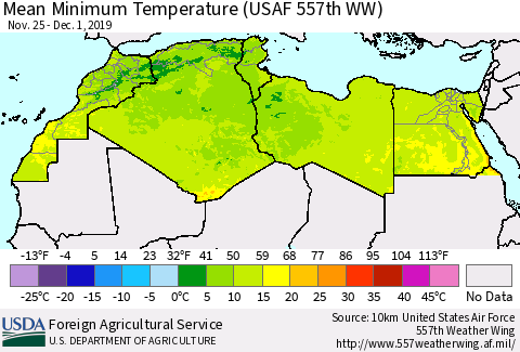 North Africa Mean Minimum Temperature (USAF 557th WW) Thematic Map For 11/25/2019 - 12/1/2019