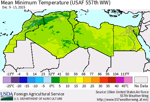 North Africa Mean Minimum Temperature (USAF 557th WW) Thematic Map For 12/9/2019 - 12/15/2019