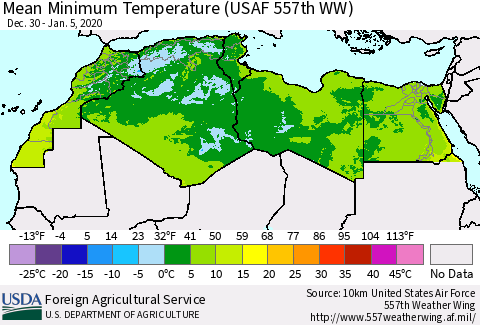 North Africa Mean Minimum Temperature (USAF 557th WW) Thematic Map For 12/30/2019 - 1/5/2020