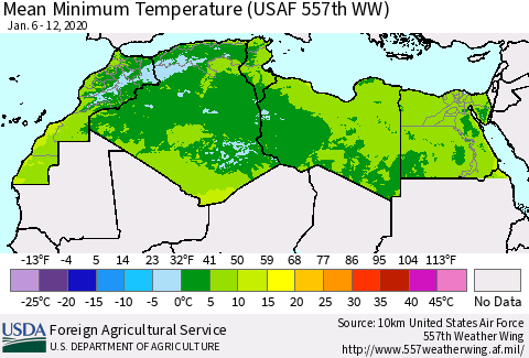 North Africa Mean Minimum Temperature (USAF 557th WW) Thematic Map For 1/6/2020 - 1/12/2020