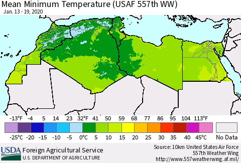North Africa Mean Minimum Temperature (USAF 557th WW) Thematic Map For 1/13/2020 - 1/19/2020