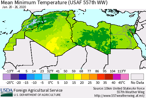 North Africa Mean Minimum Temperature (USAF 557th WW) Thematic Map For 1/20/2020 - 1/26/2020