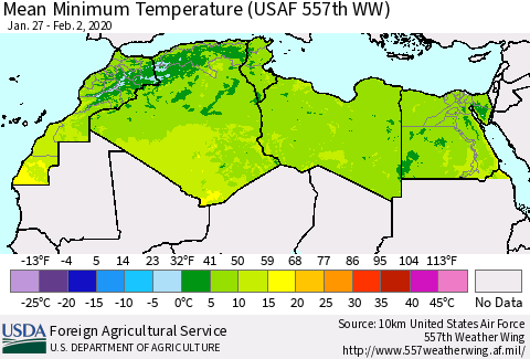 North Africa Mean Minimum Temperature (USAF 557th WW) Thematic Map For 1/27/2020 - 2/2/2020