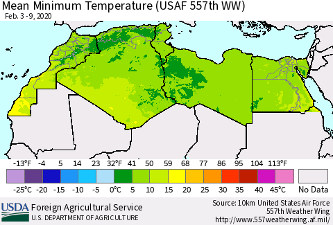 North Africa Mean Minimum Temperature (USAF 557th WW) Thematic Map For 2/3/2020 - 2/9/2020