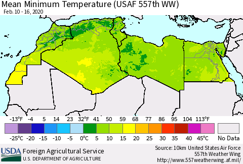 North Africa Mean Minimum Temperature (USAF 557th WW) Thematic Map For 2/10/2020 - 2/16/2020