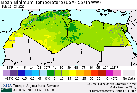 North Africa Mean Minimum Temperature (USAF 557th WW) Thematic Map For 2/17/2020 - 2/23/2020
