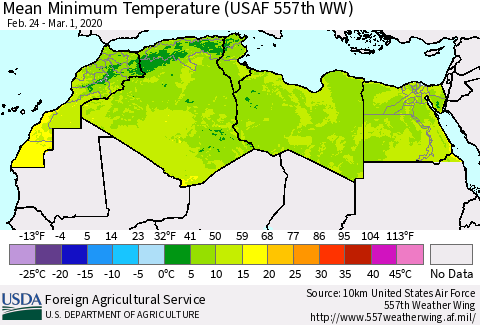 North Africa Mean Minimum Temperature (USAF 557th WW) Thematic Map For 2/24/2020 - 3/1/2020