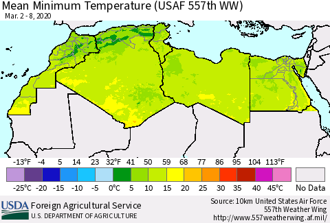 North Africa Mean Minimum Temperature (USAF 557th WW) Thematic Map For 3/2/2020 - 3/8/2020