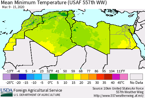 North Africa Mean Minimum Temperature (USAF 557th WW) Thematic Map For 3/9/2020 - 3/15/2020