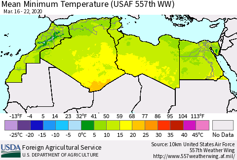North Africa Mean Minimum Temperature (USAF 557th WW) Thematic Map For 3/16/2020 - 3/22/2020