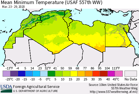 North Africa Mean Minimum Temperature (USAF 557th WW) Thematic Map For 3/23/2020 - 3/29/2020