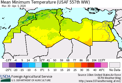 North Africa Mean Minimum Temperature (USAF 557th WW) Thematic Map For 3/30/2020 - 4/5/2020