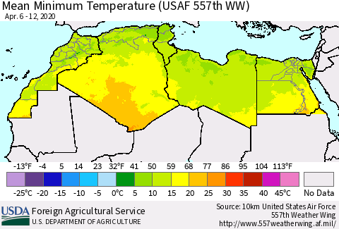 North Africa Mean Minimum Temperature (USAF 557th WW) Thematic Map For 4/6/2020 - 4/12/2020