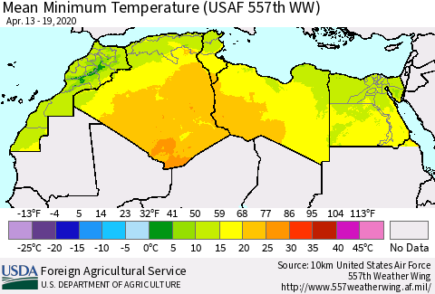 North Africa Mean Minimum Temperature (USAF 557th WW) Thematic Map For 4/13/2020 - 4/19/2020