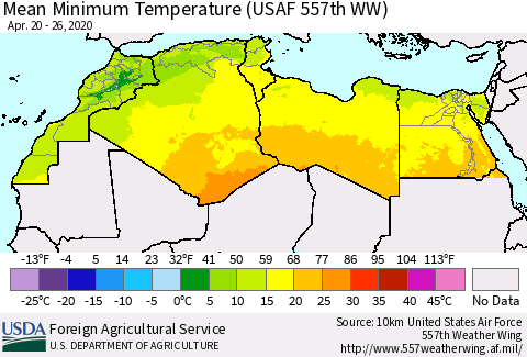North Africa Mean Minimum Temperature (USAF 557th WW) Thematic Map For 4/20/2020 - 4/26/2020