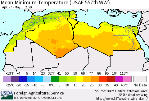 North Africa Mean Minimum Temperature (USAF 557th WW) Thematic Map For 4/27/2020 - 5/3/2020