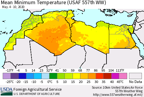 North Africa Mean Minimum Temperature (USAF 557th WW) Thematic Map For 5/4/2020 - 5/10/2020