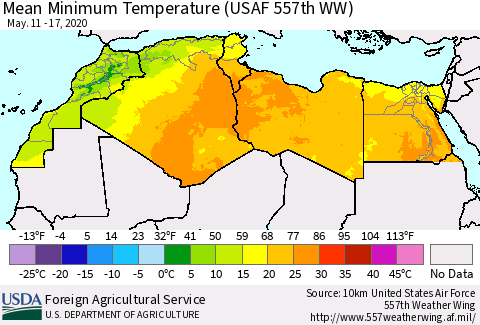 North Africa Mean Minimum Temperature (USAF 557th WW) Thematic Map For 5/11/2020 - 5/17/2020