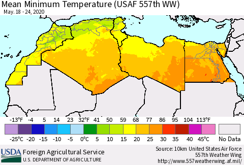 North Africa Mean Minimum Temperature (USAF 557th WW) Thematic Map For 5/18/2020 - 5/24/2020
