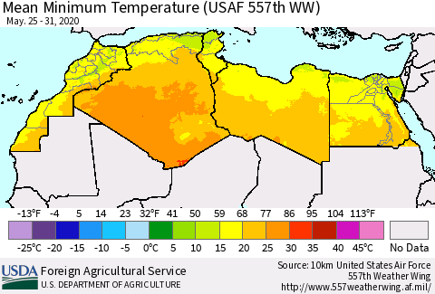 North Africa Mean Minimum Temperature (USAF 557th WW) Thematic Map For 5/25/2020 - 5/31/2020