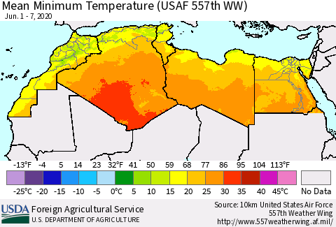North Africa Mean Minimum Temperature (USAF 557th WW) Thematic Map For 6/1/2020 - 6/7/2020