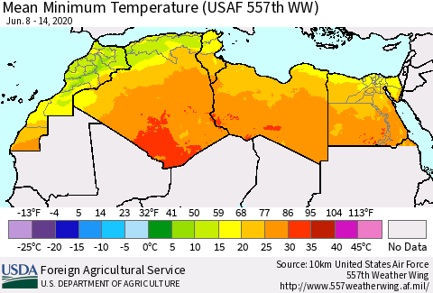 North Africa Mean Minimum Temperature (USAF 557th WW) Thematic Map For 6/8/2020 - 6/14/2020