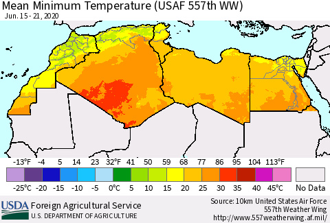 North Africa Mean Minimum Temperature (USAF 557th WW) Thematic Map For 6/15/2020 - 6/21/2020