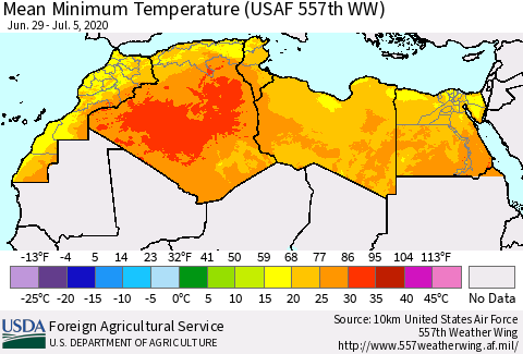 North Africa Mean Minimum Temperature (USAF 557th WW) Thematic Map For 6/29/2020 - 7/5/2020