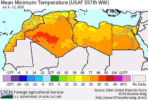 North Africa Mean Minimum Temperature (USAF 557th WW) Thematic Map For 7/6/2020 - 7/12/2020