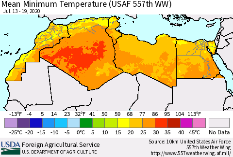 North Africa Mean Minimum Temperature (USAF 557th WW) Thematic Map For 7/13/2020 - 7/19/2020