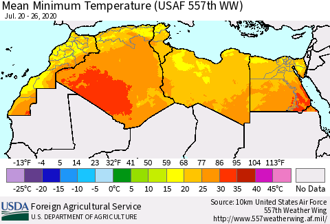 North Africa Mean Minimum Temperature (USAF 557th WW) Thematic Map For 7/20/2020 - 7/26/2020