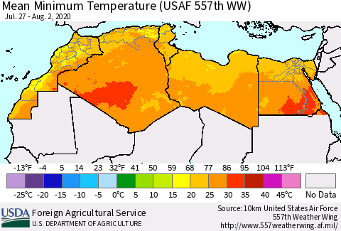 North Africa Mean Minimum Temperature (USAF 557th WW) Thematic Map For 7/27/2020 - 8/2/2020