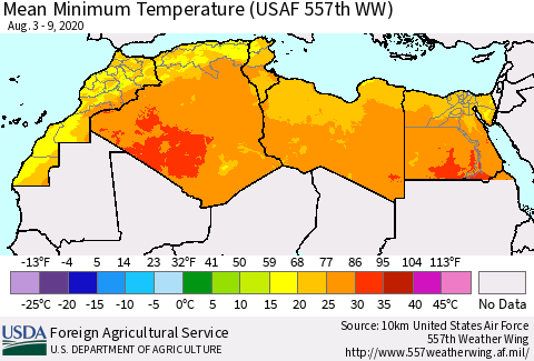 North Africa Mean Minimum Temperature (USAF 557th WW) Thematic Map For 8/3/2020 - 8/9/2020