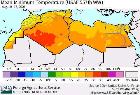 North Africa Mean Minimum Temperature (USAF 557th WW) Thematic Map For 8/10/2020 - 8/16/2020