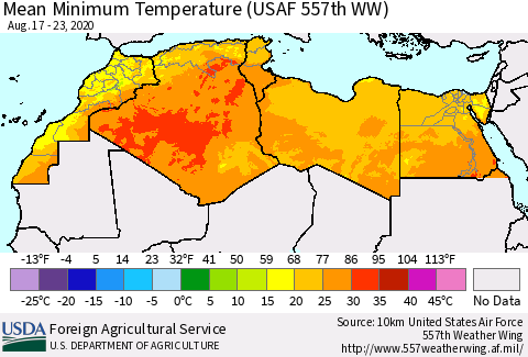 North Africa Mean Minimum Temperature (USAF 557th WW) Thematic Map For 8/17/2020 - 8/23/2020
