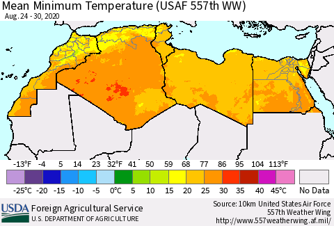 North Africa Mean Minimum Temperature (USAF 557th WW) Thematic Map For 8/24/2020 - 8/30/2020