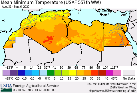 North Africa Mean Minimum Temperature (USAF 557th WW) Thematic Map For 8/31/2020 - 9/6/2020