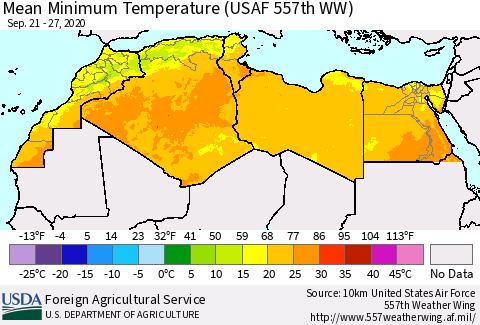 North Africa Mean Minimum Temperature (USAF 557th WW) Thematic Map For 9/21/2020 - 9/27/2020