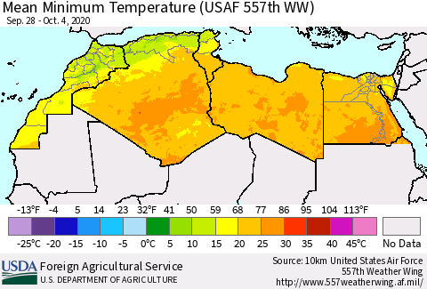 North Africa Mean Minimum Temperature (USAF 557th WW) Thematic Map For 9/28/2020 - 10/4/2020