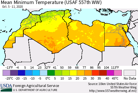 North Africa Mean Minimum Temperature (USAF 557th WW) Thematic Map For 10/5/2020 - 10/11/2020